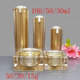 Gold Square Acrylic Lotion Cream Cosmetic Containers Luxury Skin Care Jars , Pump Bottles Pot Tin