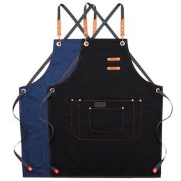 Solid Denim Cafe Shop Cooking Baking Pocket Coffee Pinafore House Cleaning Bibs Men Canvas Master Apron For Kitchen Accessories 211222