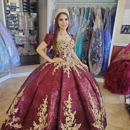 Applique Sequin Burgundy Quinceanera Dresses with Bolero Sweetheart Appliqued lace-up Corset Back Sweet 16 Dress vestidos de 15 años