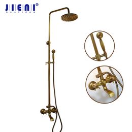 JIENI Rainfall Antique Brass Bathroom Shower Set With Shower Hand Round Shower Hand Mixer Taps Double Handles Bathroom Combo LJ201211