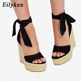 EilyKen Women Summer Butterfly Knot Solid Black Open Toe Sandals Fashion Platform High Heel Wedge Shoes Ankle Bowtie Dress Shoes Q1223