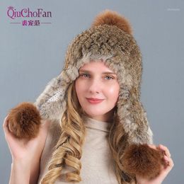 Beanie/Skull Caps Hand-kintted Natural Fur Hat Thick And Warmth Long Ear Cap Double Closely Woven For Women With Three Pom Poms1