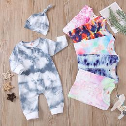 Newborn Designer Clothes Tie Dyed Baby Boys Romper Long Sleeve Infant Girls Jumpsuit Hat 2pcs Sets Boutique Baby Clothing 20pcs DW5945