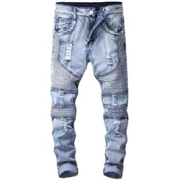 Distressed Ripped Jeans Pleated Motorcycle Pants Hole Men's Biker Jeans Fashion Motorcycle Denim Pants Mens Elastic Slim Men Mid G0104