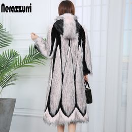 Nerazzurri runway patchwork faux fur coat with hood pink long winter women fashion coats plus size color block outwear 7xl 201110