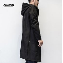 Men's Trench Coats Wholesale- Men Spring Autumn Loose Hooded Coat Male Fashion Casual One Button Long Black Windbreaker Jacket Mens Outwear1