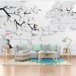 Modern 3d three-dimensional branch peach flower wallpapers blossom relief modern wallpaper for living room