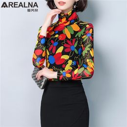 Women's Sheer Turtleneck Tops Chic Transparent Blouses Women Korean Printed Floral Blouse Long Sleeve Shirt Oversize Blusas 201201