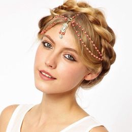 Women Head Chain Pearl Tassel Head Chain Gold Rhinestone Headband Hair Acessories for Women and Girls FD040