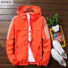 Windbreaker for Men Jacket Korean Casual Sports Outerwear Hooded Zipper Long Sleeve Stripe Mens Bomber Jacket Plus Size 5XL 201111