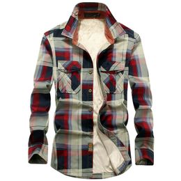 2020 Winter Plaid Fleece Shirt Men 100% Cotton Liner Casual Long Sleeve Shirts Outerwear Thick Warm Autumn Shirt Chemise Homme C1222