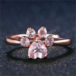 Cute Cat Dog Bear's Paw Ring For Women Romantic Animal CZ Heart Rose Gold Color Resizable Wedding Rings