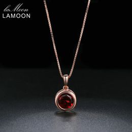 LAMOON Crystal Necklace For Women Natural Round Garnet 925 Sterling Silver Chain Pendant 18K Rose Gold Plated Fine Jewellery NI064 Q0531