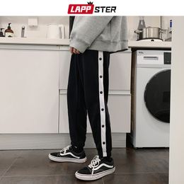 LAPPSTER Men Black side striped button sweat Pants Overalls Mens Korean hip hop Joggers Male Japanese Streetwear trousers 201109