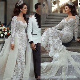Luxury Full Lace Mermaid Wedding Dresses Vintage Overskirts Pearls Beading Long Sleeve Bridal Gowns 2021 Appliqued Arabic Dubai Vestidos