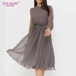 S.FLAVOR Elegant Dot Print Long Sleeve Polka Dress O Neck Chiffon A Line Women Casual Vintage Midi Vestidos De 220311