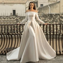 Elegant Satin Mermaid Wedding Dresses Pearls Beading Off Shoulder Long Sleeve Bridal Gowns Lace Up Back robes de mariée