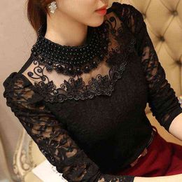 Women Sexy Lace Blouse new Slim Plus size 3XL Lace Tops Long Sleeve Casual Shirt Beaded Openwork Feminine Hollow Out Tops H1230