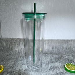 710ml 24oz clear plastic Tumblers double wall cup with straw clearlid black green lid WLL1327