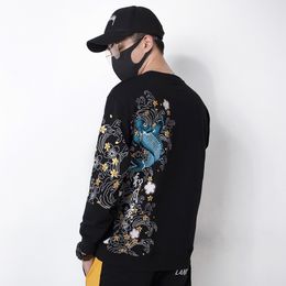 Autumn Winter Fashion Carp Embroider Hoodies Cotton Warm Thick Hip Hop Hoodie Men Couples US Size S-XL 201103