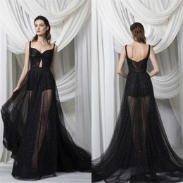Black Evening Dresses Strap Beaded Tulle Sweep Train Custom Made Sexy Illusion Party Dress Formal Party Gowns