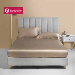 Sondeson Top Grade 100% Silk Fitted Sheet Double Queen King Flat Sheet With Elastic Band Mattress Cover Pillowcase Free Shipping 201113