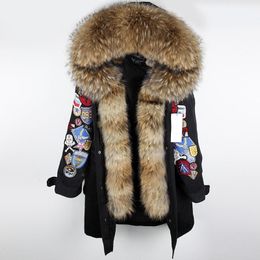 MaoMaoKong X-Long Embroidery Large real Fur Hooded Parkas Coat natural Fur women Jacket 201029
