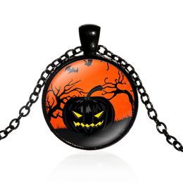 glass lanterns wholesale UK - Pumpkin Lantern Witch with Broom Necklace Black Cat and Bat Picture Glass Gem Chain Pendant Halloween Party Theme Jewelry