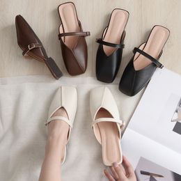 Designer Square Toe Shoes Woman Flip Flops Leather Belt Strap Slippers Summer Low Heels Flat Sandals Women's Mules Grandma Shoes X1020