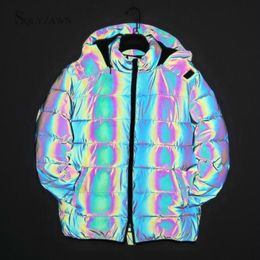 Winter Hoodie Rainbow Reflective Warm Thick Parka Coat Men Women Gothic Grey Puffer Bubble Jacket Loose Puffy Bomber Overcoats 201029