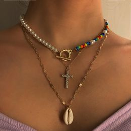 Bohemian Shell Necklace with Jesus Cross, beach multi Pearl crystal mud, chain, women's