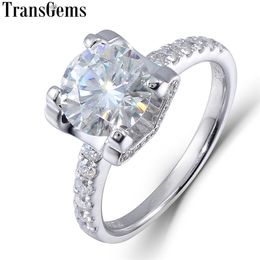 TransGems Solid 14K 585 White Gold 2ct Carat 8mm F Colour Moissanite Diamond Solitaire Wedding Engagement Ring for Women Gift Y200620