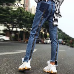 TWOTWINSTYLE Zipper Jeans For Women Patchwork High Waist Large Size Long Irregular Pants Female Spring Fashion Sexy Clothes 201029