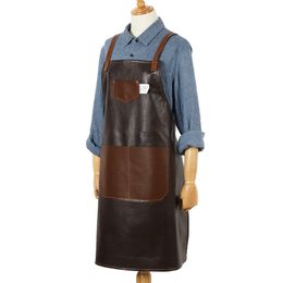 New BBQ Leather PU Apron Bib Leather Straps Chef Kitchen Apron for Women Men Pockets barber cook Restaurant Waitress 201007243R