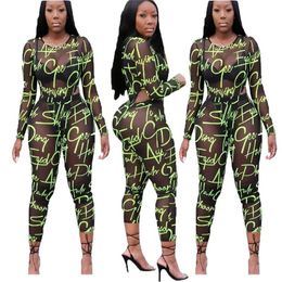 Two Piece Dress Sexy Set Womens Outfits Long Sleeve Mesh Letter Bodycon Women Fashion Clothing Bodysuit 2 Clubwear