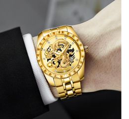 WLISTH Watch Men Embossed Hollow Dragon Wristwatch Non Men's Watch Full Steel Gold Quartz Male Clock Erkek Kol Saati