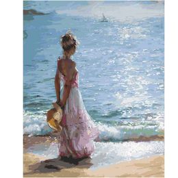 Hand Painted The Girl by the Seascape Oil Painting on Canvas Wall Pictures for Home Room Decoration Impressionist Figure Art