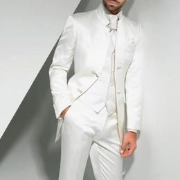 Vintage Long White Long Wedding Tuxedos for Groom Three Piece Custom Made Formal Men Suits (Jacket + Pants + Vest) terno 201105