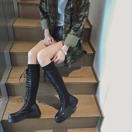 Winter Boots Women Knee High Long Boots Split Leather Fashion Lace-Up Snow Boots Non-slip Black Sock Shoes Woman New