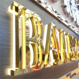 gold color brushed/mirror polished stainless steel backlit led sign letters with acrylic bases, rear lighted shop name sign logos.