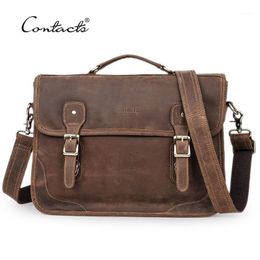 Briefcases CONTACT'S Business Men Laptop Bag For 14 Inch Crazy Horse Leather Briefcase Male Shoulder Messenger Bags Tote Handbag1