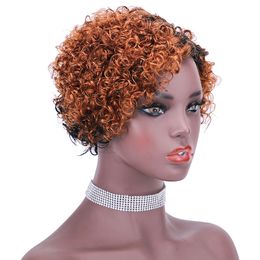Frente cabelo médio Auburn Ombre Pixie Cut Curly Humano Não Lace perucas para as mulheres negras Colorido 1B 30 máquina feita Glueless peruca curta com franja