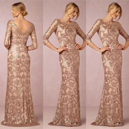 New Cheap Rose Gold Sequined Lace Applique Jewel Half Sleeves Backless Evening Dresses Party Formal Prom Dresses Mother of the Bride Dresses