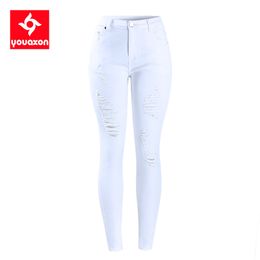 2067 Youaxon EU Size White Distressed Curvy Jeans Women`s Mid High Waist Stretch Denim Pants Ripped Skinny Jeans For Woman Jean 201029