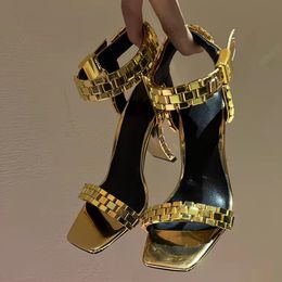 2022 Metal Watchband Sandals Woman High Heels One Strap Peep Toe Gladiator Summer Shoe Strange Heels Sandal Women