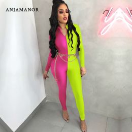 ANJAMANOR Front Zipper Long Sleeve Bodycon Jumpsuit Women Neon Color Black Sexy One Piece Clubwear Outfits Fall Winter D41-AD63 201007