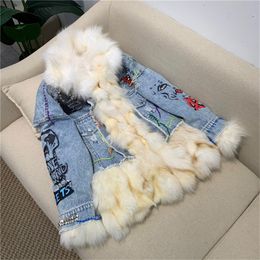 Fashion Rivets Letters Print Hole Denim Jacket Women Real Fox Fur Collar White Duck Down Filling Denim Parka Winter 201103