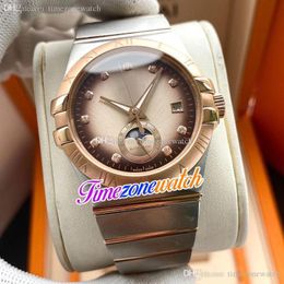 New Date 38mm Mens Watch Automatic Rose Gold Case Brown Dial Rose Gold White Hands Stainless Steel Watches High Quality Timezonewatch E406a5