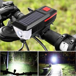 Solar Bike Lamp Front Flashlight with Horn Bicycle Lantern USB Rechargeable Lamp Taillight Cycling Accessories