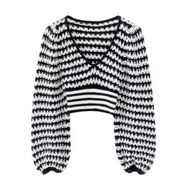 new women v neck black white patchwork short sweater ladies basic knitted casual slim high street sweaters chic tops S258 201109